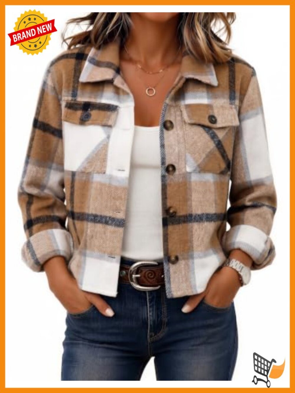 Cropped Plaid Flannel Shacket Jacket Loose Fit Button Down Coat